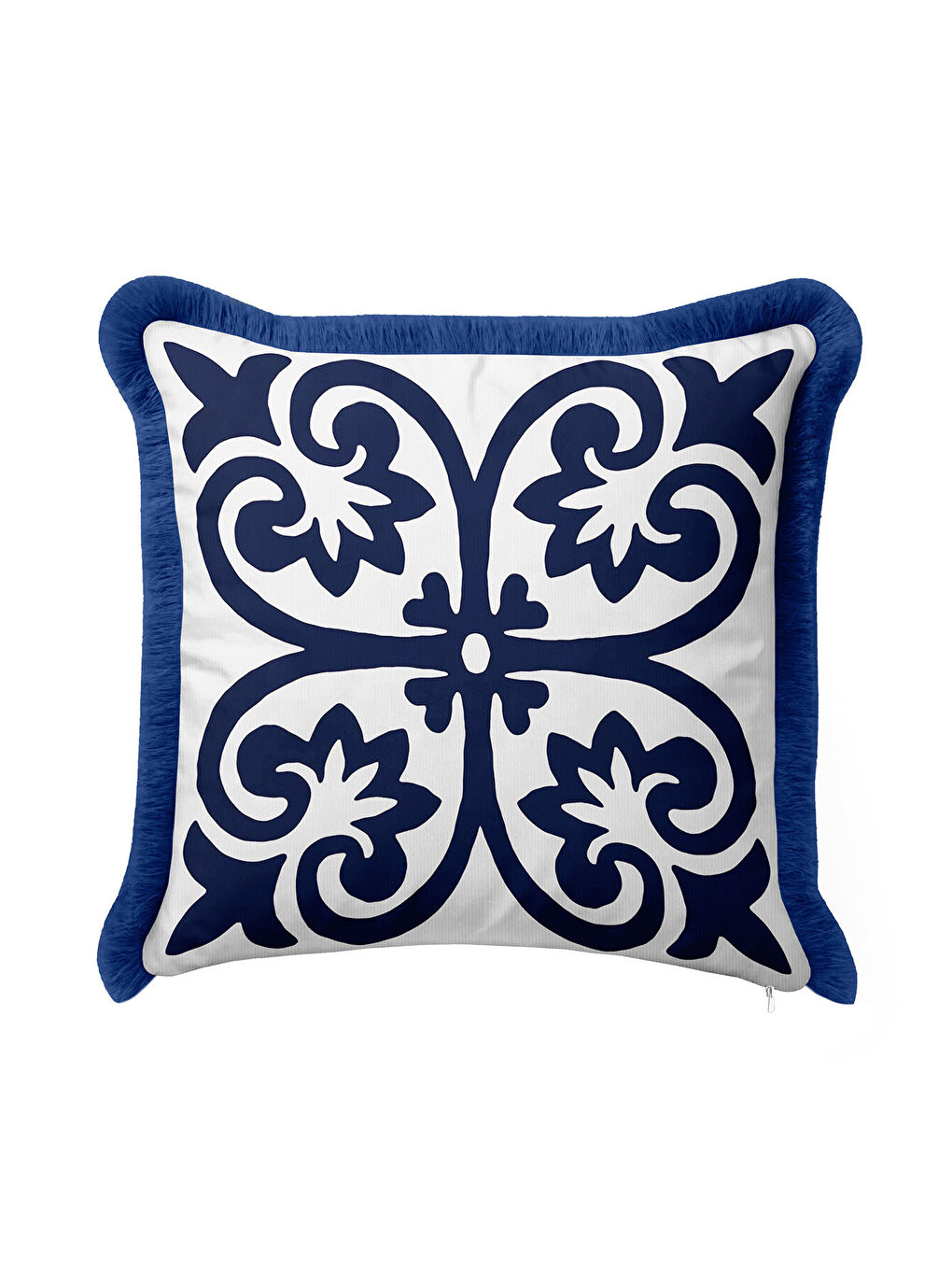Karışık Barok Motifli Saçaklı Yastık Kılıfı - Akdeniz Klasik Lacivert Beyaz Püsküllü Kırlent Kılıfı-2