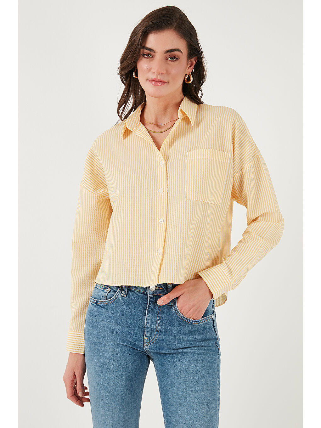 Sarı Regular Fit Çizgili Göğüs Cepli Dokulu Gömlek 6772870-4