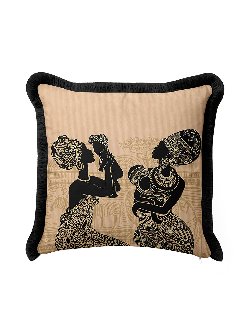 Karışık Afrika Sanatı Figürlü Saçaklı Yastık Kılıfı - Etnik Bohem Siyah Bej Püsküllü Kırlent Kılıfı-3