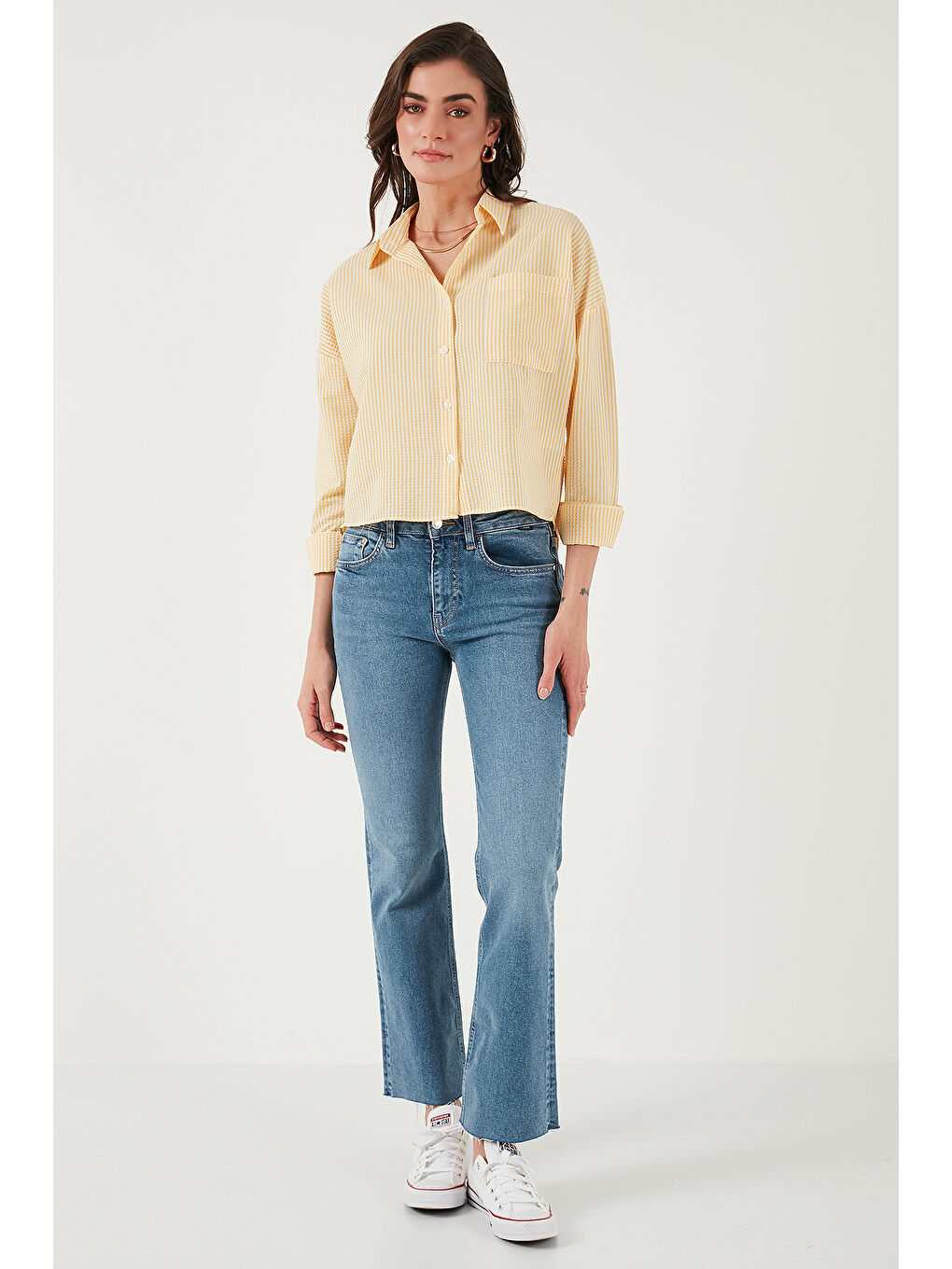 Sarı Regular Fit Çizgili Göğüs Cepli Dokulu Gömlek 6772870-5