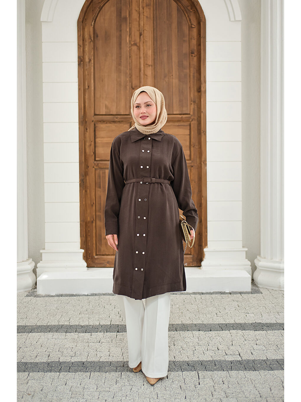 Kadın Gömlek Yaka Çift Düğmeli Uzun Tunik Kahverengi-1