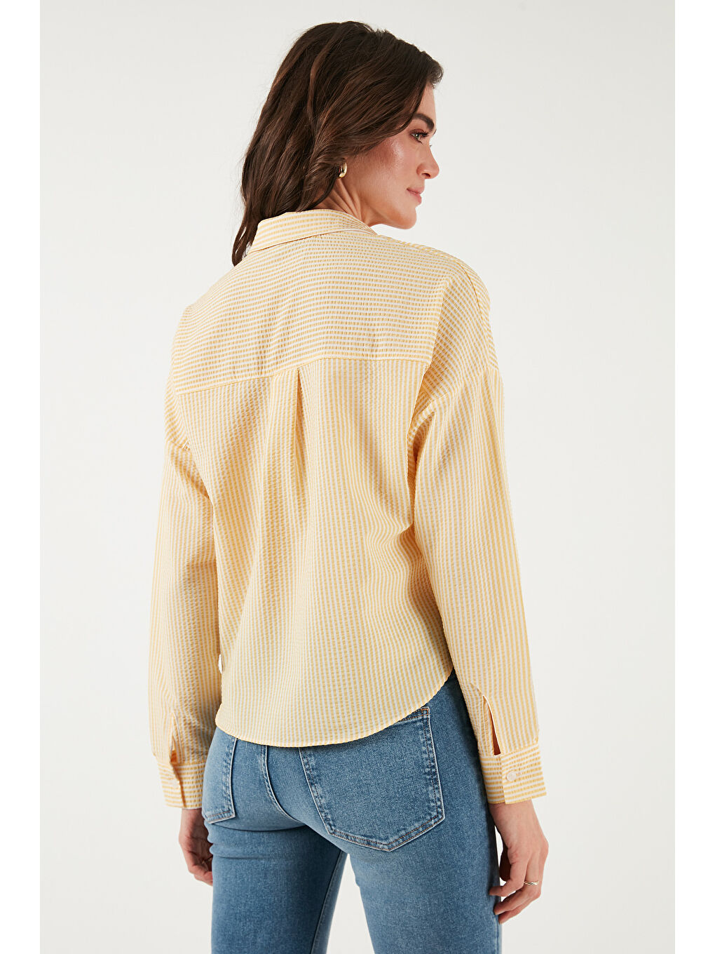 Sarı Regular Fit Çizgili Göğüs Cepli Dokulu Gömlek 6772870-6