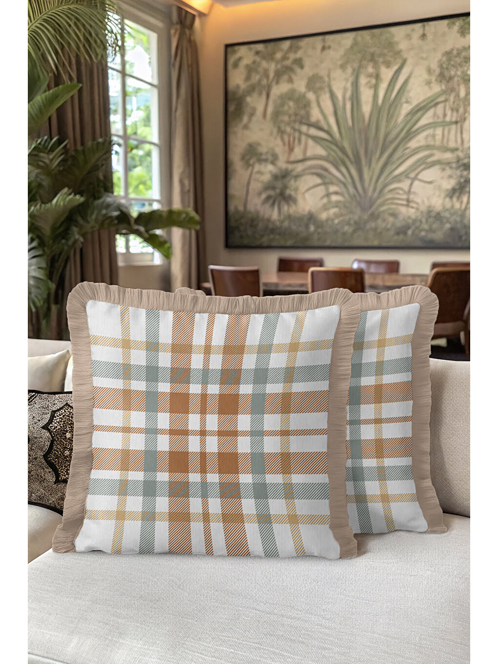 Karışık Klasik Ekose Saçaklı Yastık Kılıfı - Rustik İskandinav Karamel Bej Püsküllü Kırlent Kılıfı-5