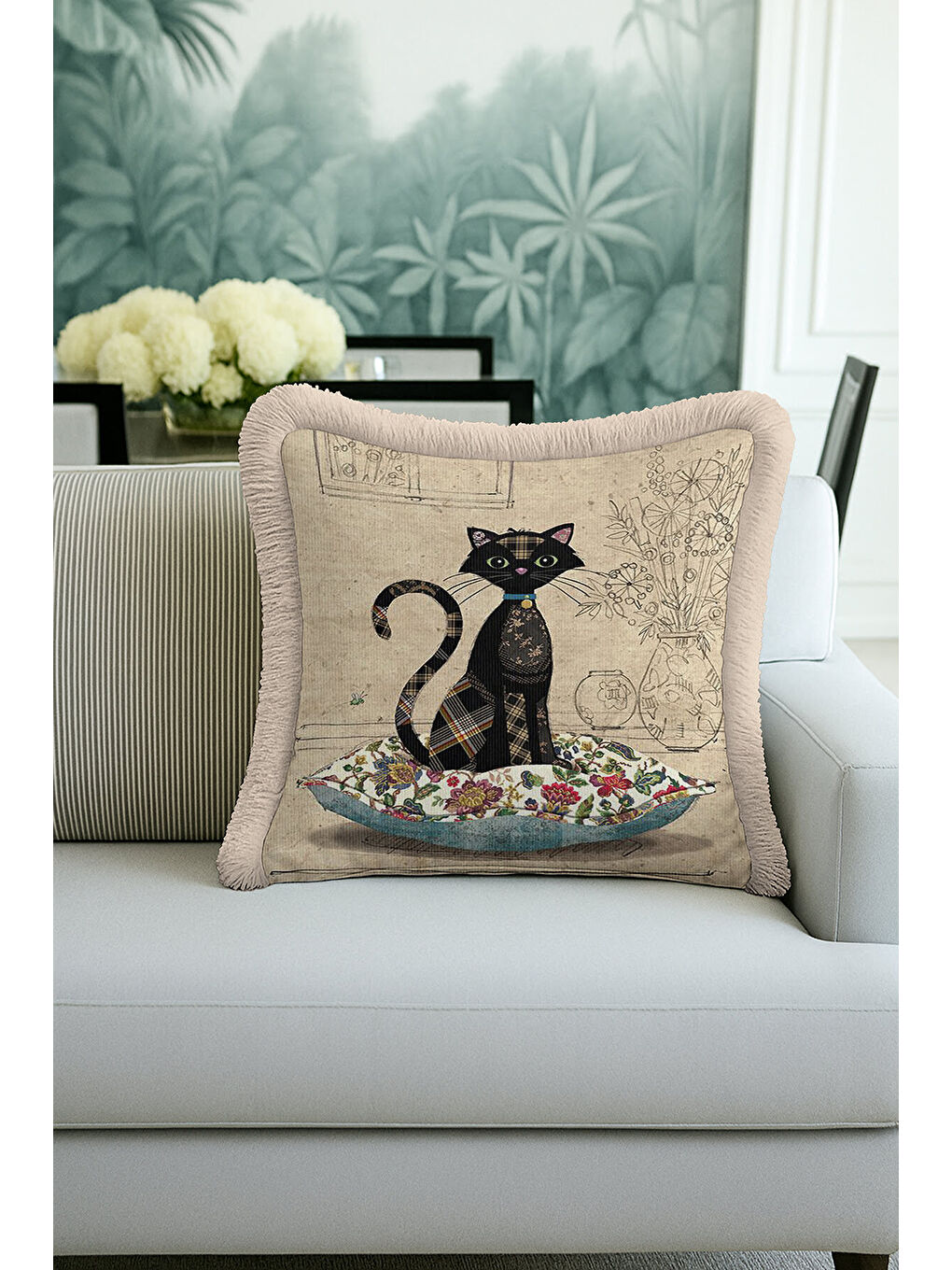 Karışık Vintage Patchwork Kedi Saçaklı Yastık Kılıfı - Çizgisel Çiçek Rustik Bej Püsküllü Kırlent Kılıfı-4