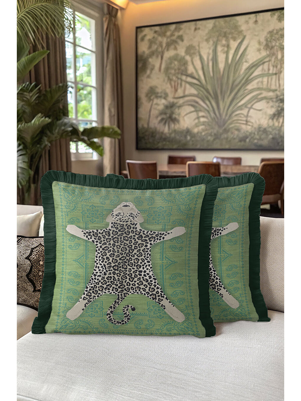Karışık Lüks Leopar Figürlü Saçaklı Yastık Kılıfı - Bohem Yeşil Retro Mint Püsküllü Kırlent Kılıfı-5
