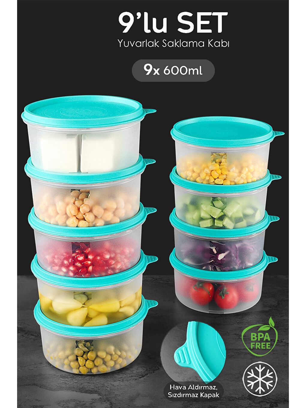 9'lu Yuvarlak Gıda Saklama Kabı Seti 9x600 ml Yeşil