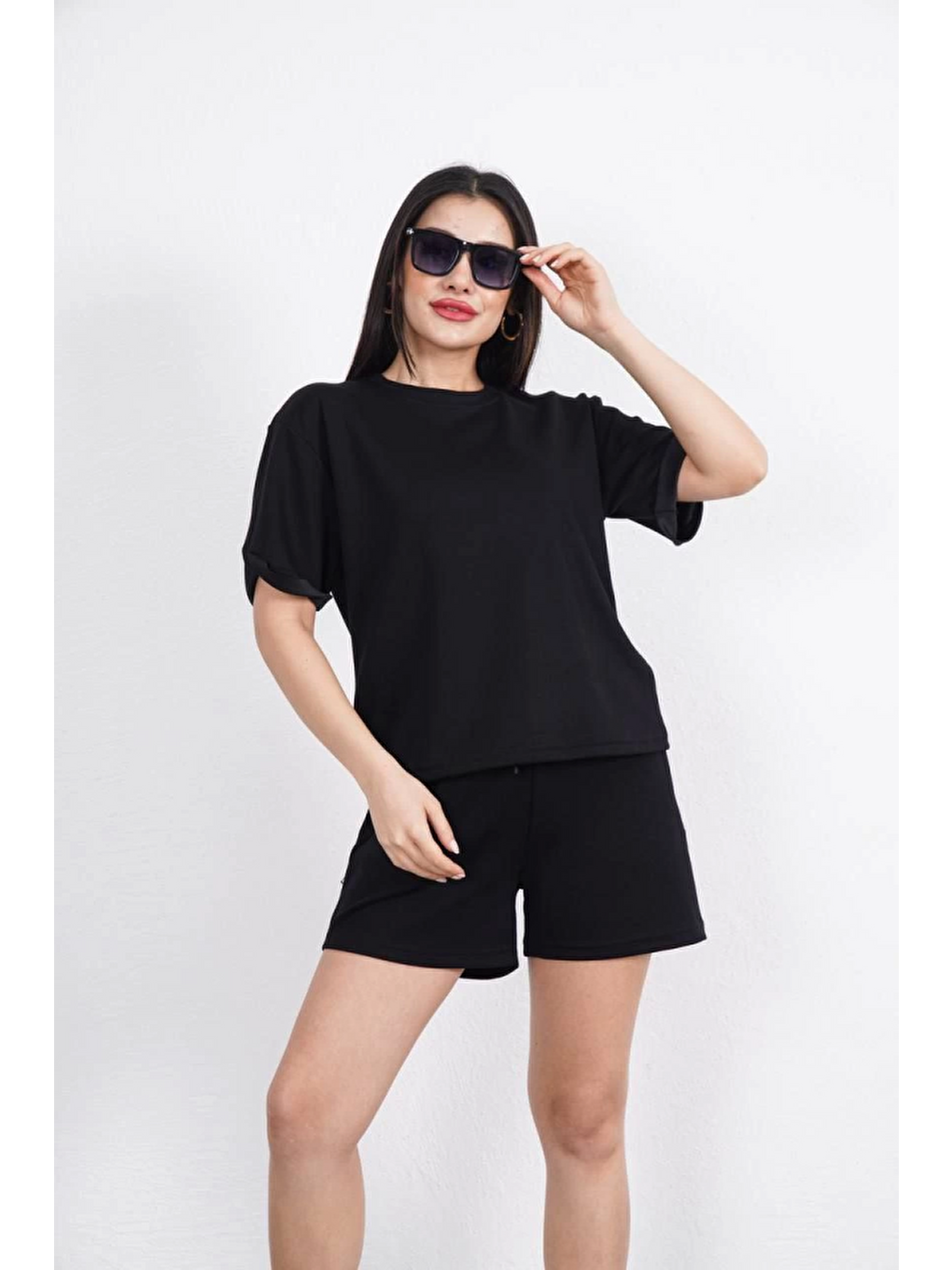 Osy Modal Yumuşak Dokulu Kumaş Bisiklet Yaka T-shirt Kısa Şort İkili Takım - Siyah-2