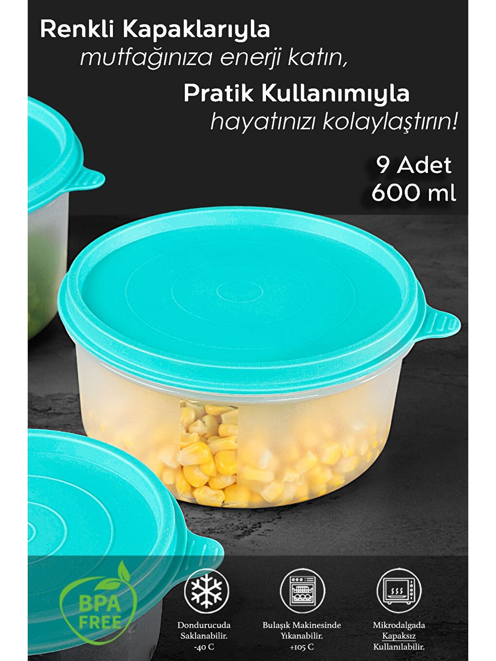 9'lu Yuvarlak Gıda Saklama Kabı Seti 9x600 ml Yeşil-1