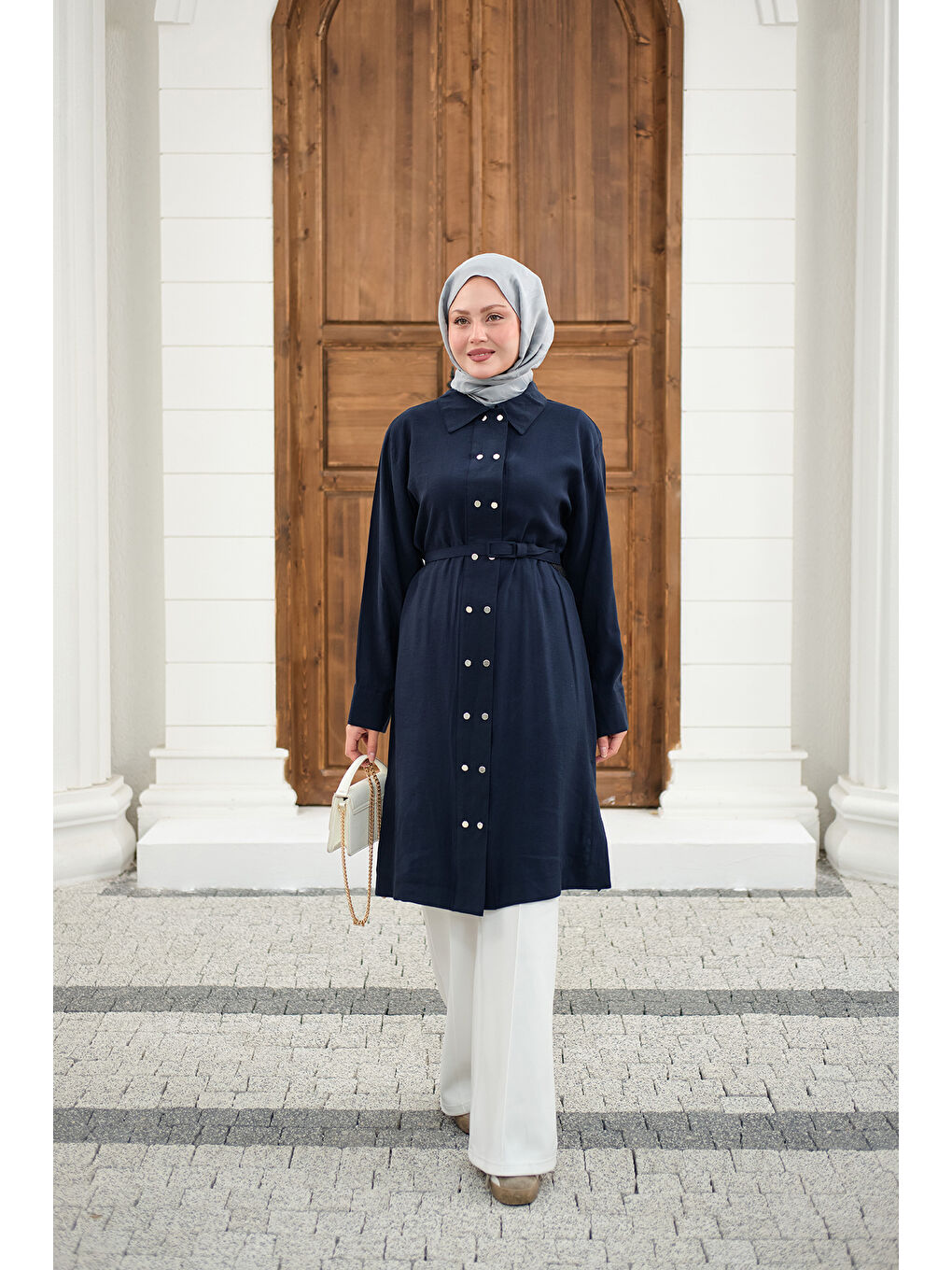 Kadın Gömlek Yaka Çift Düğmeli Uzun Tunik Lacivert-1