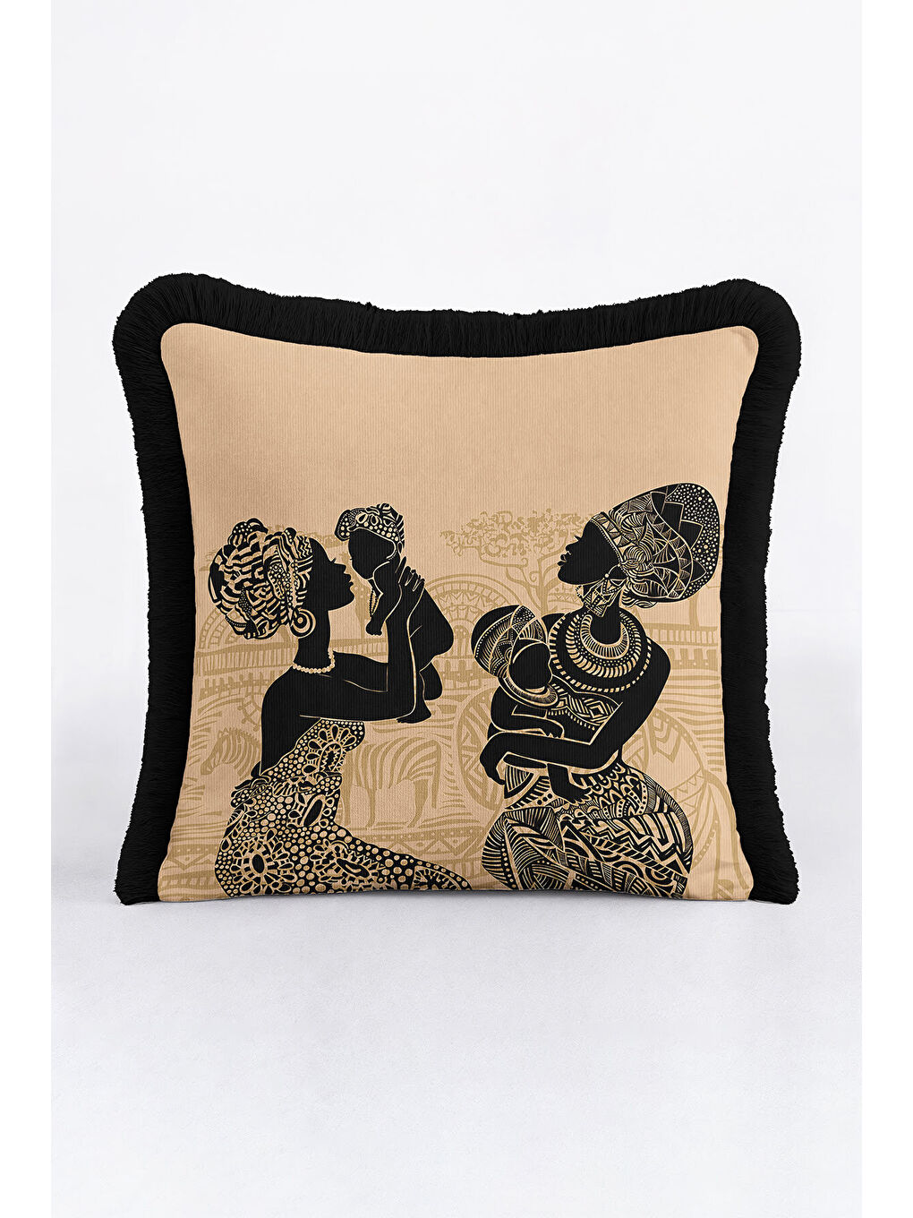 Karışık Afrika Sanatı Figürlü Saçaklı Yastık Kılıfı - Etnik Bohem Siyah Bej Püsküllü Kırlent Kılıfı-4