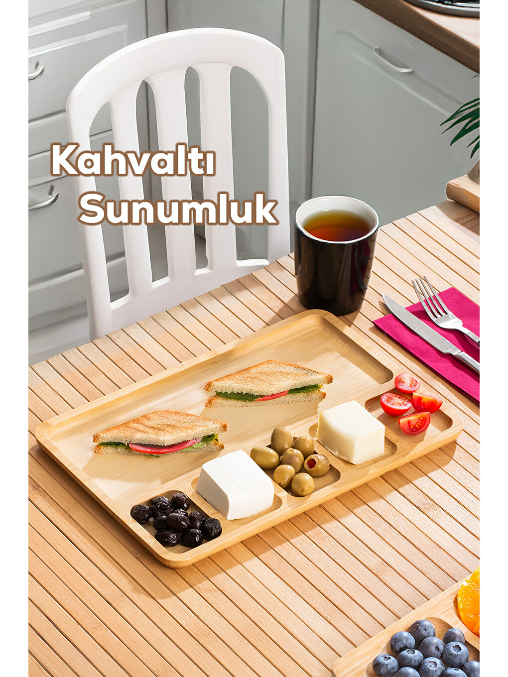 Kahverengi 2075 Ahşap Bambu Kahvaltı Sunum Tabağı 6 Bölmeli Kahvaltılık Çerezlik 33x22cm