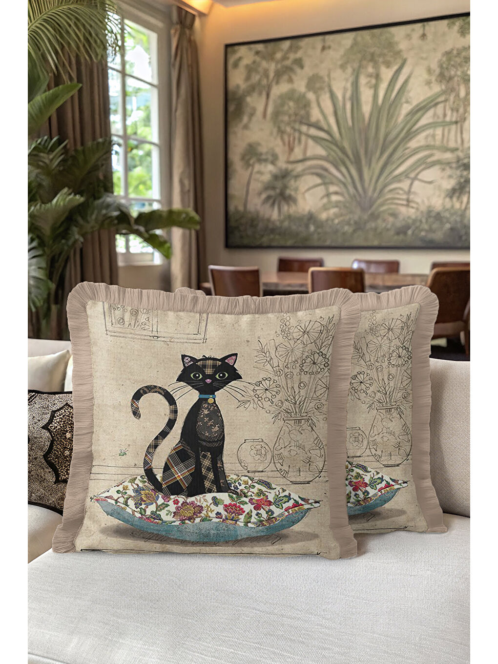 Karışık Vintage Patchwork Kedi Saçaklı Yastık Kılıfı - Çizgisel Çiçek Rustik Bej Püsküllü Kırlent Kılıfı-5