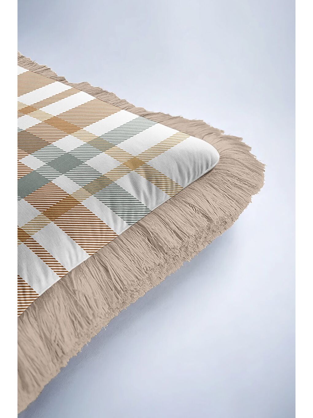 Karışık Klasik Ekose Saçaklı Yastık Kılıfı - Rustik İskandinav Karamel Bej Püsküllü Kırlent Kılıfı-6