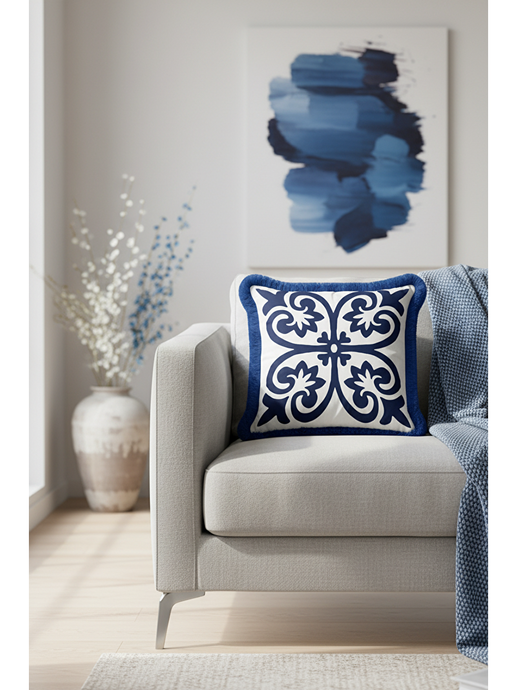 Karışık Barok Motifli Saçaklı Yastık Kılıfı - Akdeniz Klasik Lacivert Beyaz Püsküllü Kırlent Kılıfı-3