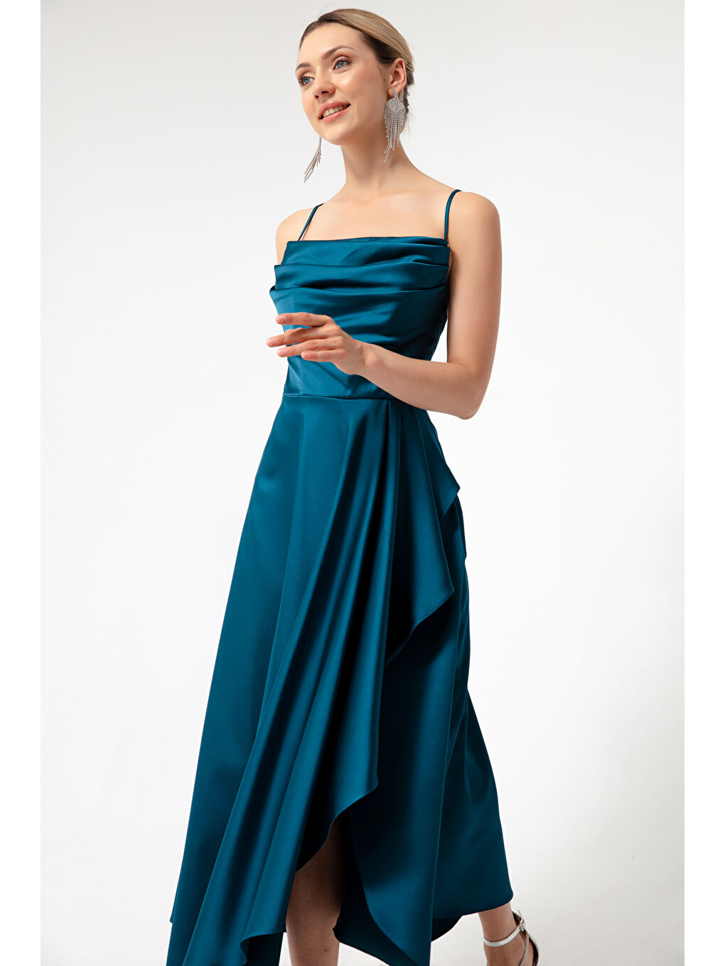 Kadın Petrol Volanlı Yırtmaçlı Saten Midi Boy Abiye & Mezuniyet Elbisesi-1