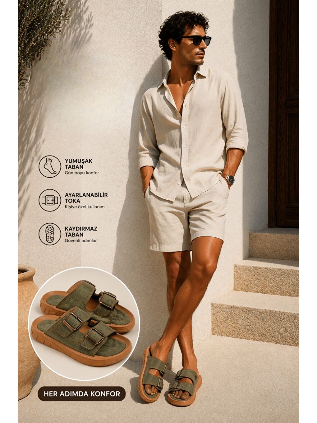 Haki AUGUSTA Ayarlanabilir Çift Tokalı Günlük Erkek Terlik-3