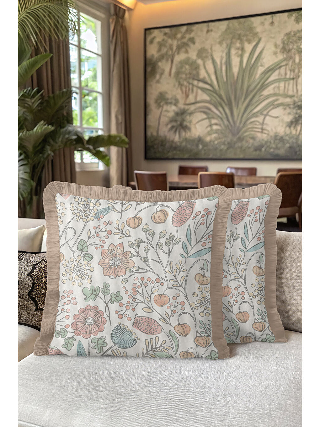 Karışık Zarif Vintage Çiçekli Saçaklı Yastık Kılıfı - Pastel Country Bej Püsküllü Kırlent Kılıfı-5