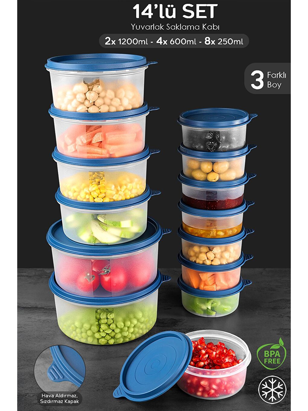 14'lü Yuvarlak Gıda Saklama Kabı Seti 8x250 4x600 2x1200 ml Lacivert