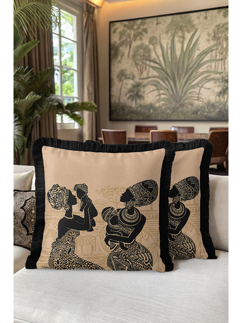 Karışık Afrika Sanatı Figürlü Saçaklı Yastık Kılıfı - Etnik Bohem Siyah Bej Püsküllü Kırlent Kılıfı-5