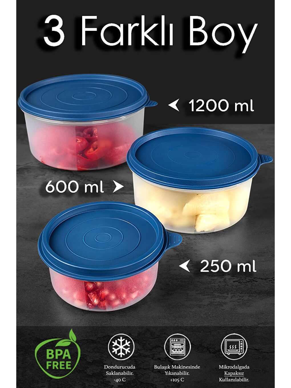 14'lü Yuvarlak Gıda Saklama Kabı Seti 8x250 4x600 2x1200 ml Lacivert-1