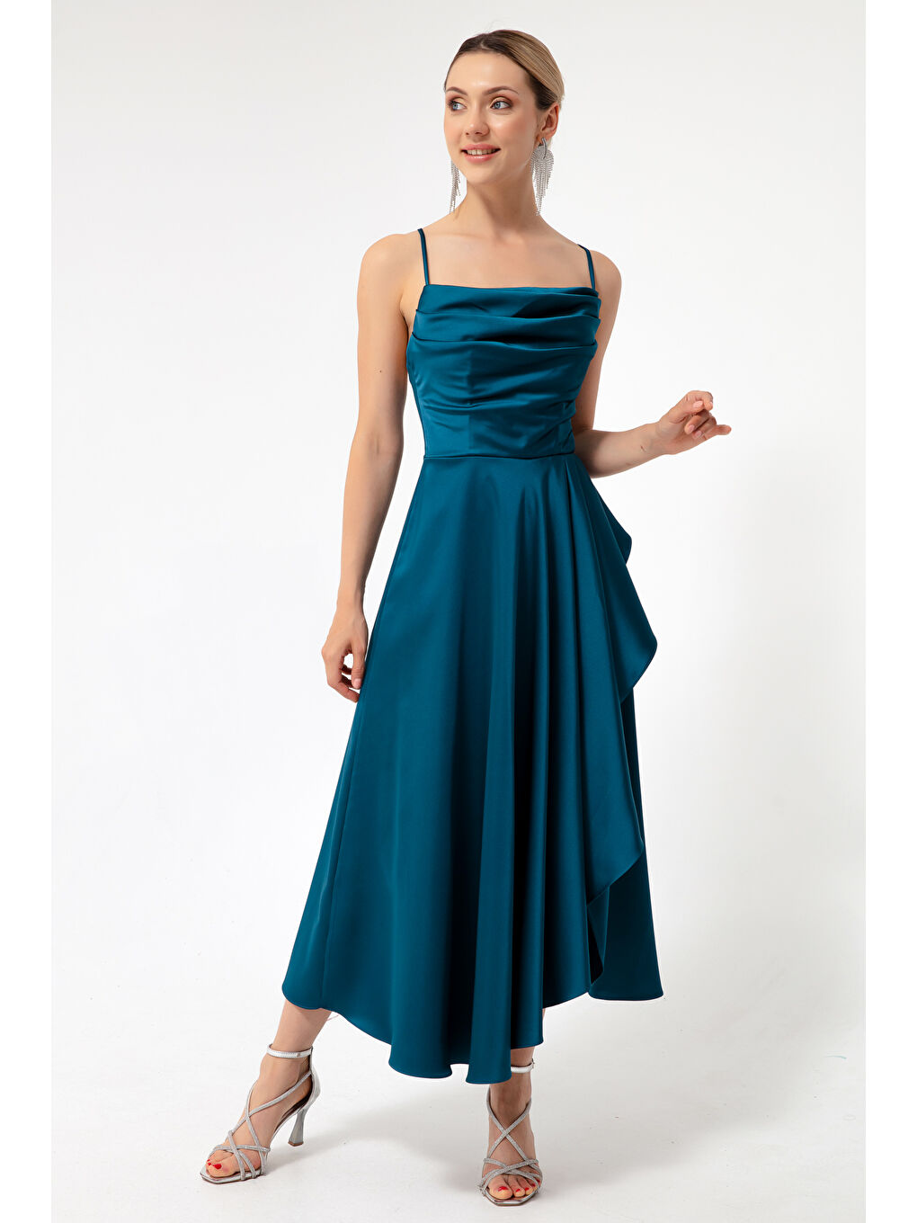 Kadın Petrol Volanlı Yırtmaçlı Saten Midi Boy Abiye & Mezuniyet Elbisesi-2