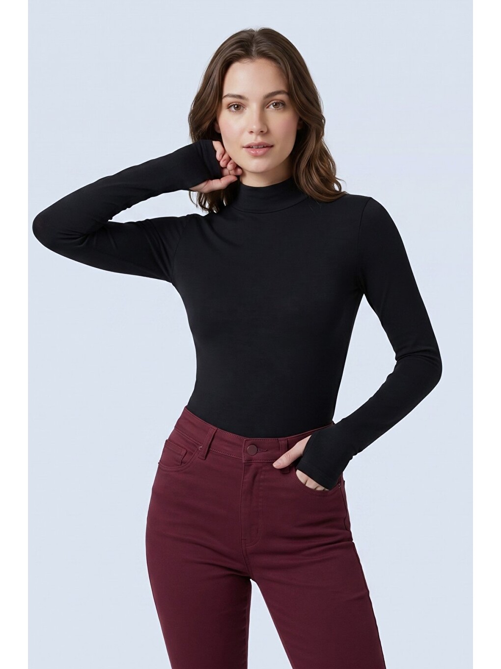 Siyah Yarım Balıkçı Yaka Parmak Geçmeli Uzun Kollu Body/bluz-2