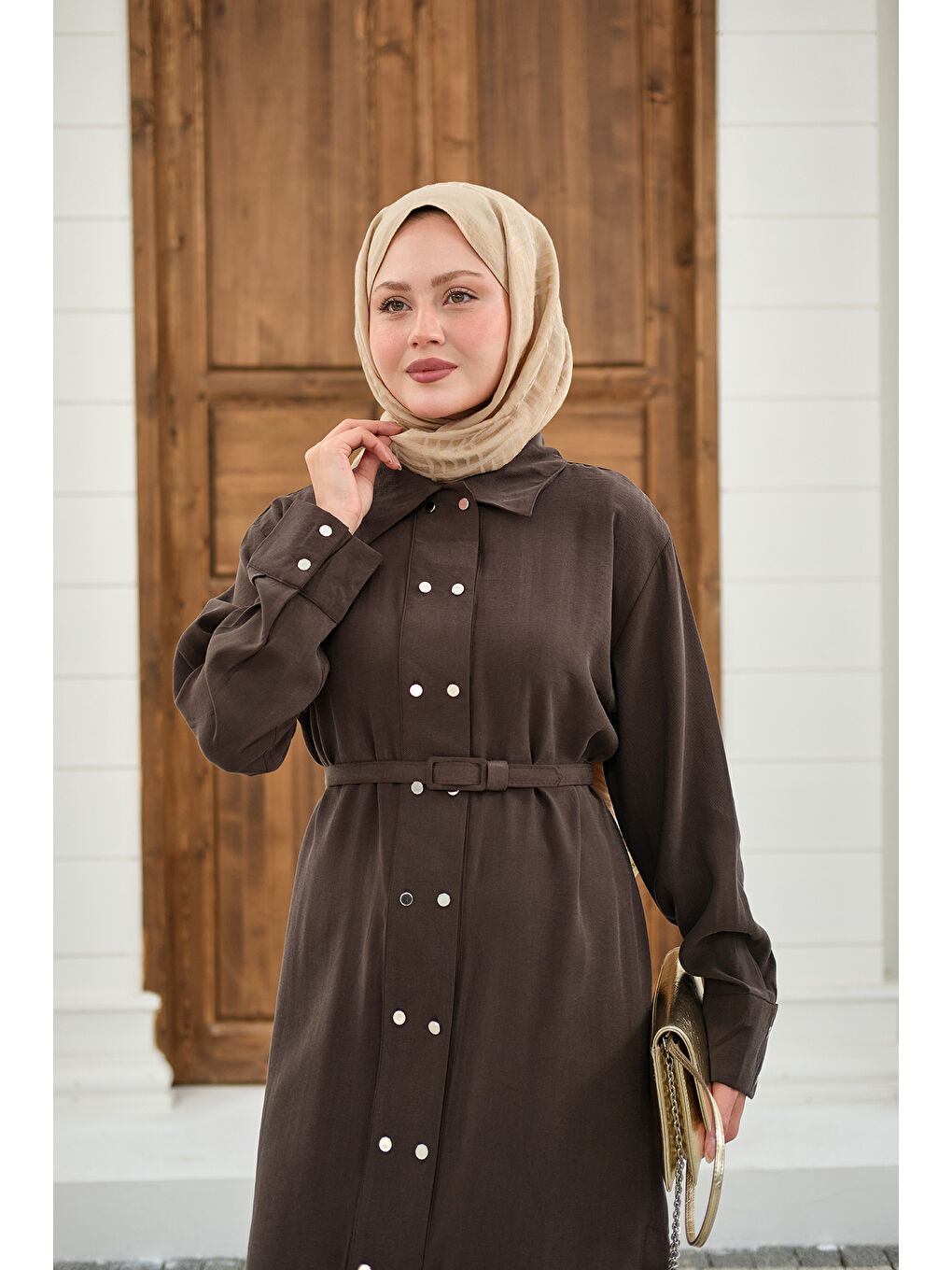 Kadın Gömlek Yaka Çift Düğmeli Uzun Tunik Kahverengi-2