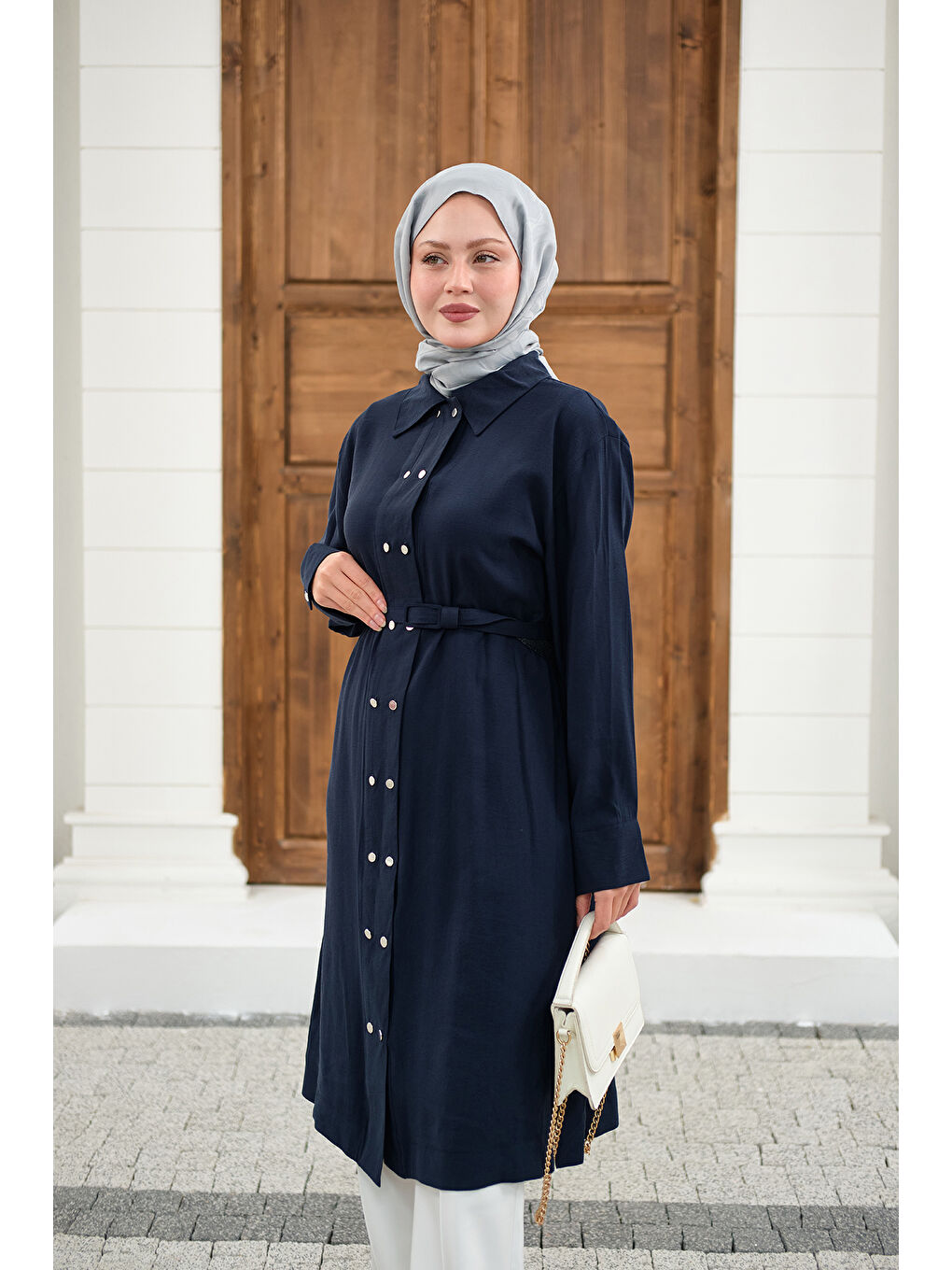 Kadın Gömlek Yaka Çift Düğmeli Uzun Tunik Lacivert-2