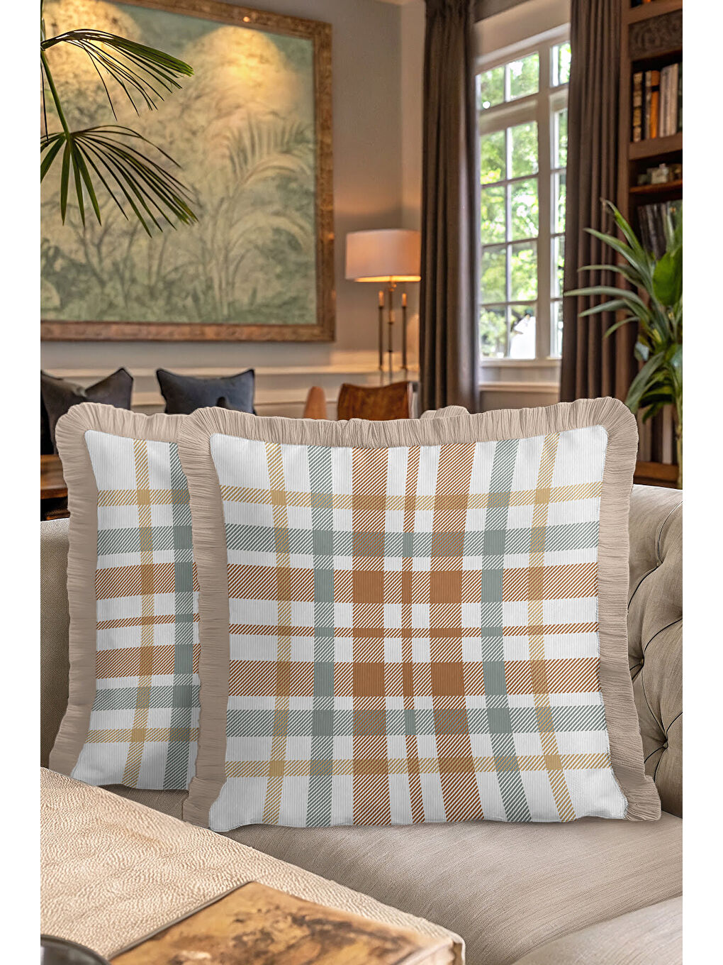 Karışık Klasik Ekose Saçaklı Yastık Kılıfı - Rustik İskandinav Karamel Bej Püsküllü Kırlent Kılıfı-7