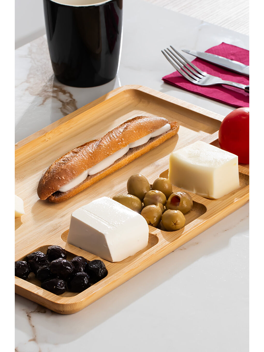 Kahverengi 2075 Ahşap Bambu Kahvaltı Sunum Tabağı 6 Bölmeli Kahvaltılık Çerezlik 33x22cm-1