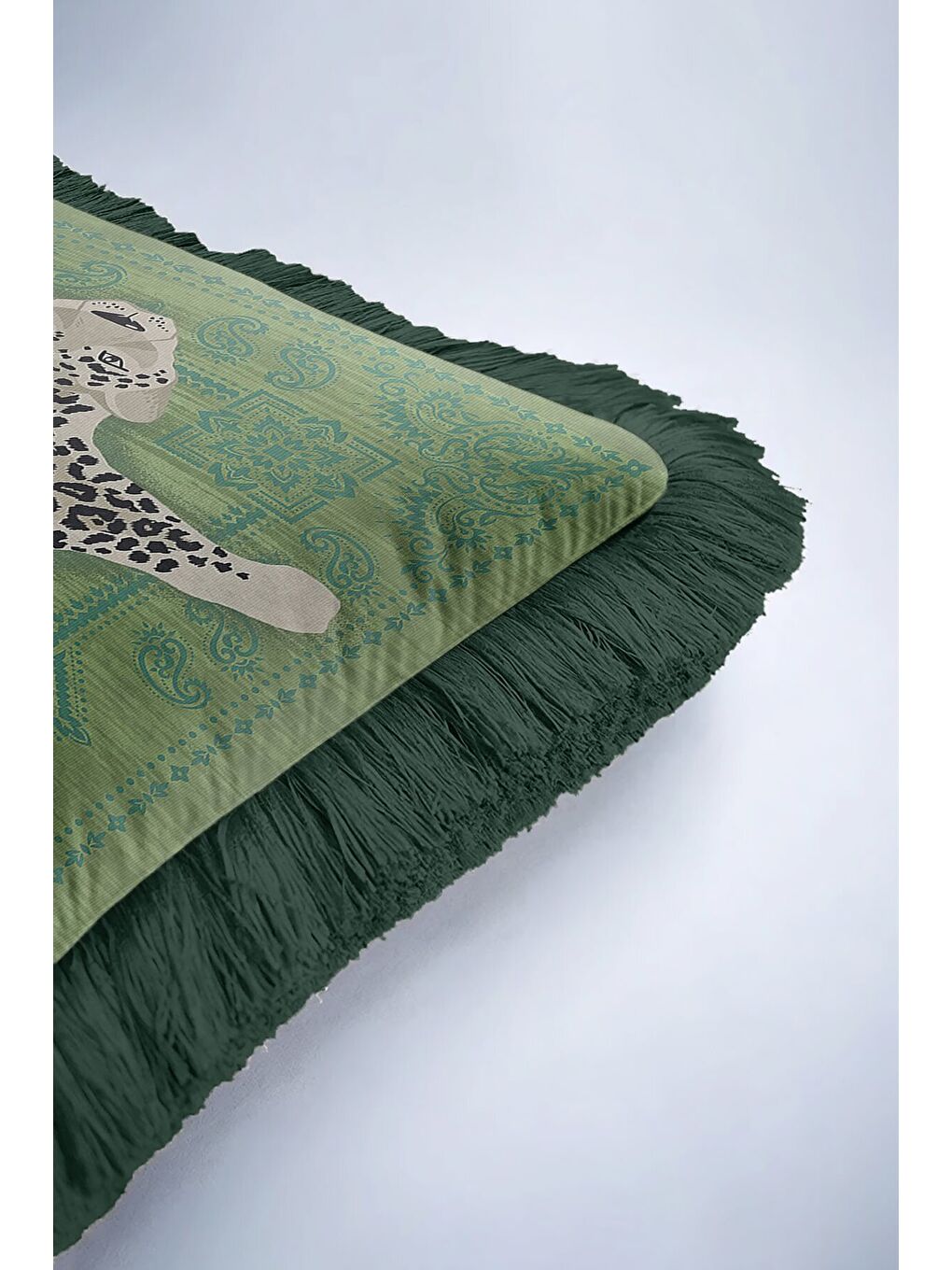 Karışık Lüks Leopar Figürlü Saçaklı Yastık Kılıfı - Bohem Yeşil Retro Mint Püsküllü Kırlent Kılıfı-6