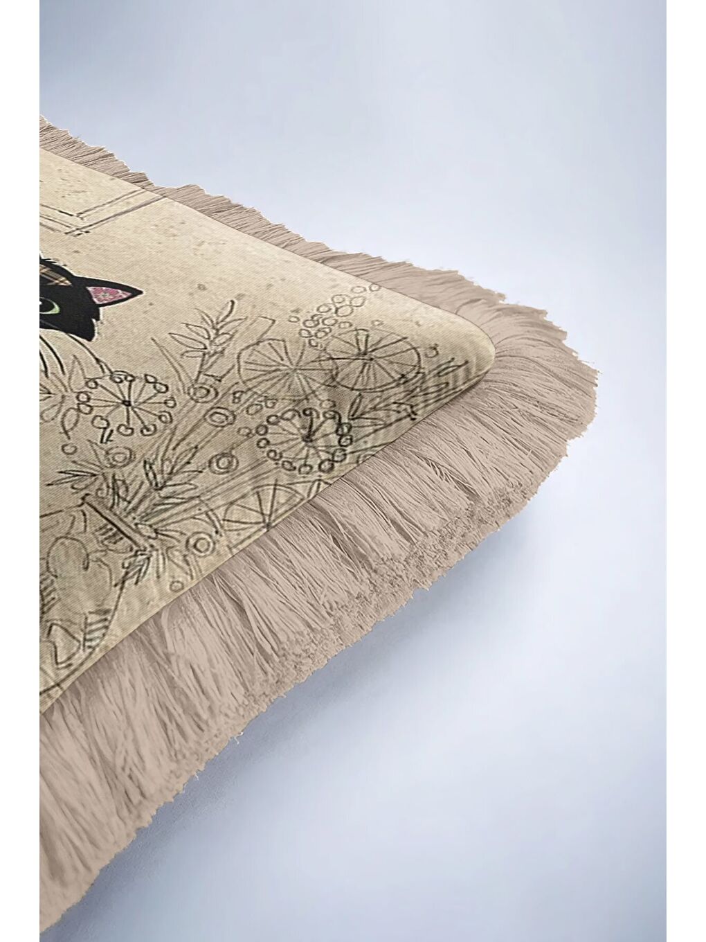 Karışık Vintage Patchwork Kedi Saçaklı Yastık Kılıfı - Çizgisel Çiçek Rustik Bej Püsküllü Kırlent Kılıfı-6