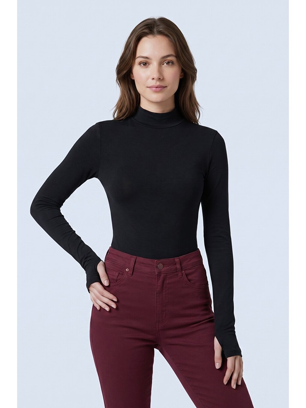 Siyah Yarım Balıkçı Yaka Parmak Geçmeli Uzun Kollu Body/bluz-3
