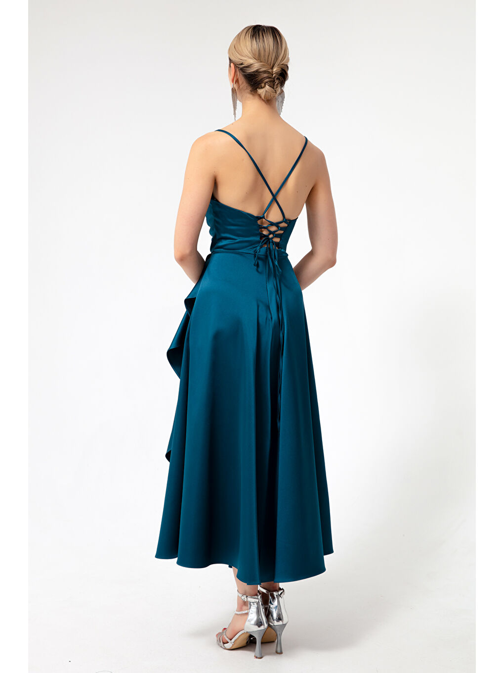 Kadın Petrol Volanlı Yırtmaçlı Saten Midi Boy Abiye & Mezuniyet Elbisesi-4