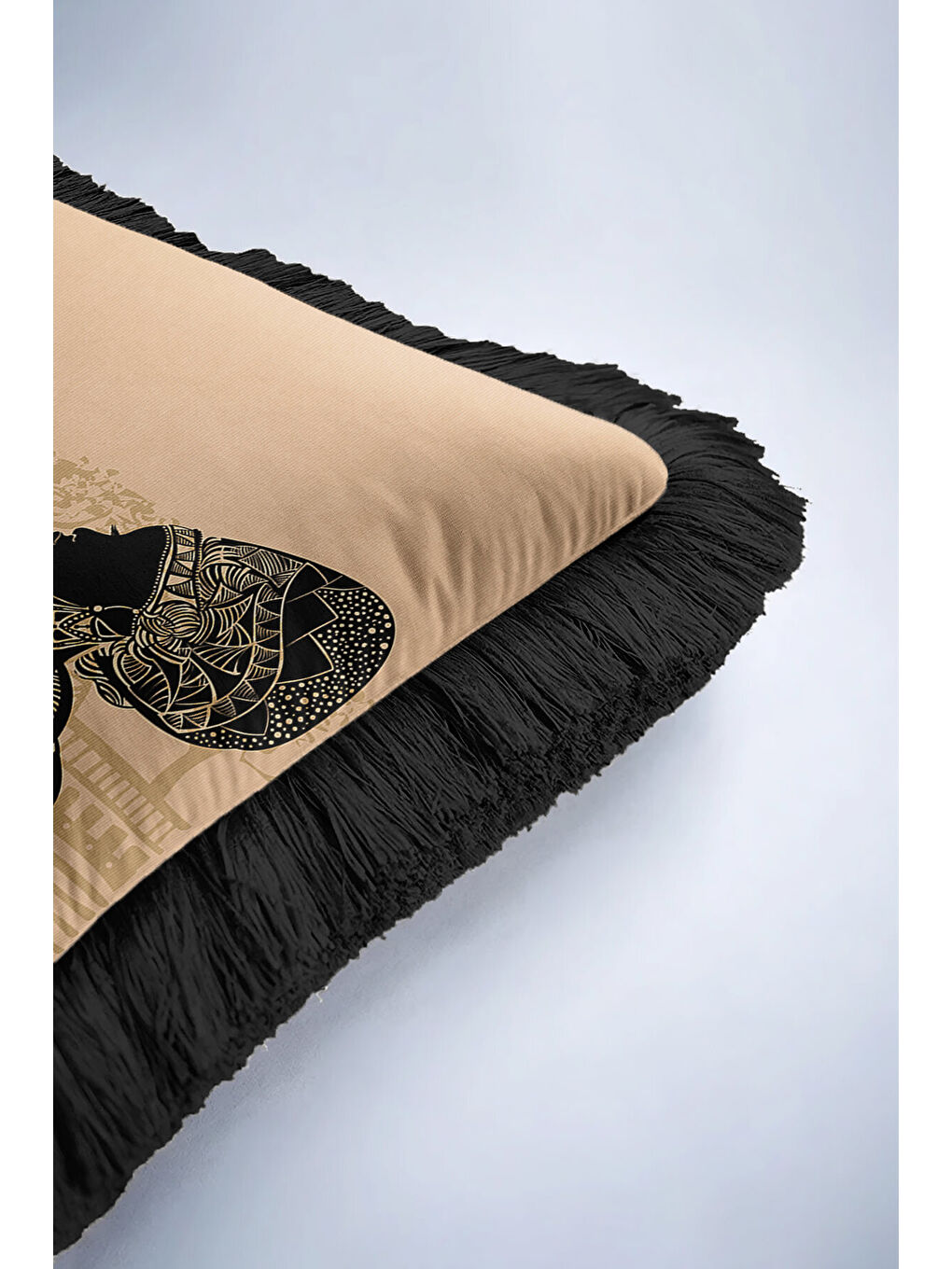 Karışık Afrika Sanatı Figürlü Saçaklı Yastık Kılıfı - Etnik Bohem Siyah Bej Püsküllü Kırlent Kılıfı-6