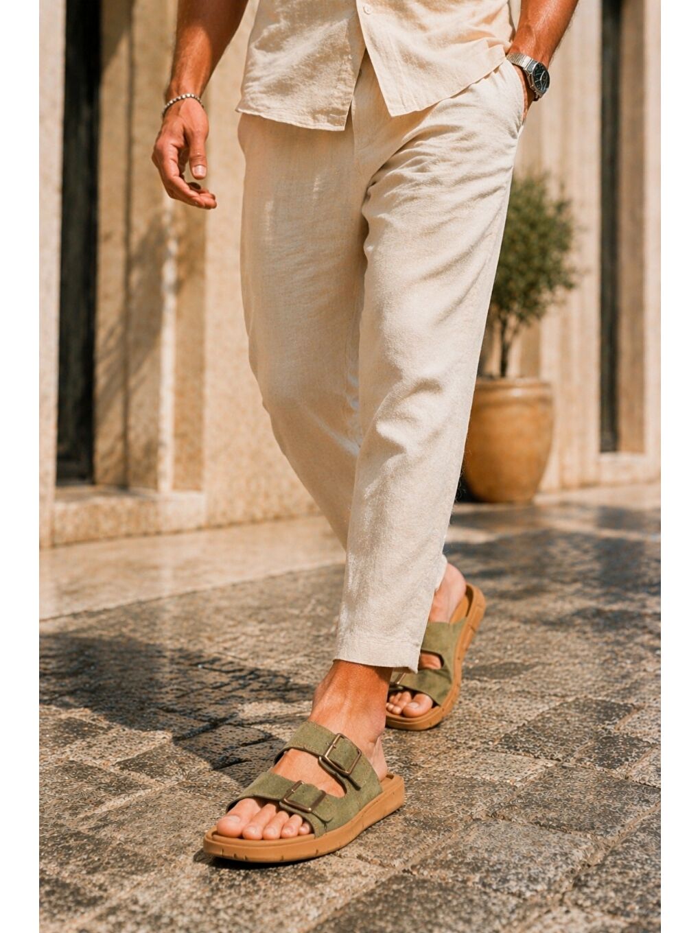 Haki AUGUSTA Ayarlanabilir Çift Tokalı Günlük Erkek Terlik-4