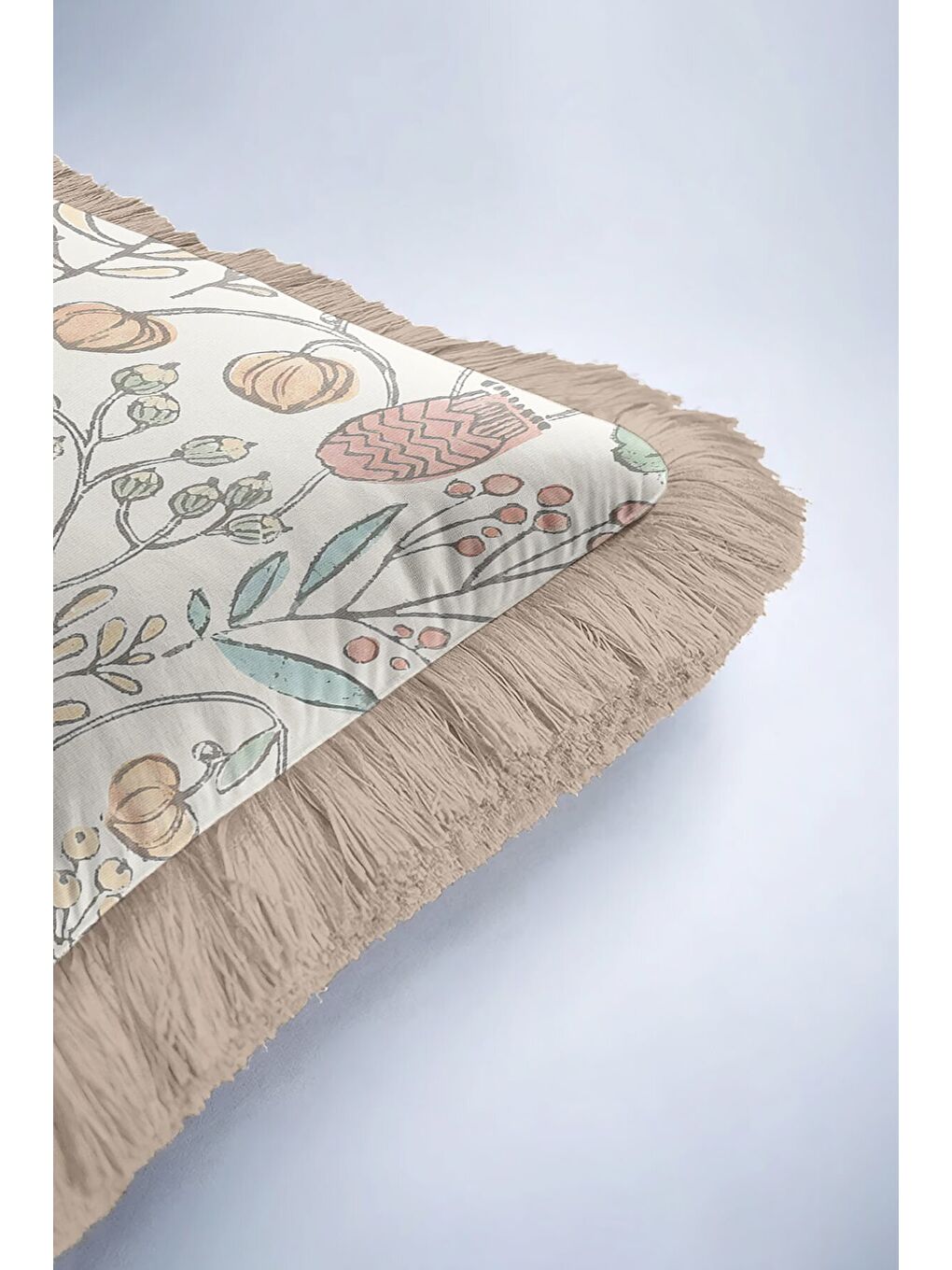 Karışık Zarif Vintage Çiçekli Saçaklı Yastık Kılıfı - Pastel Country Bej Püsküllü Kırlent Kılıfı-6
