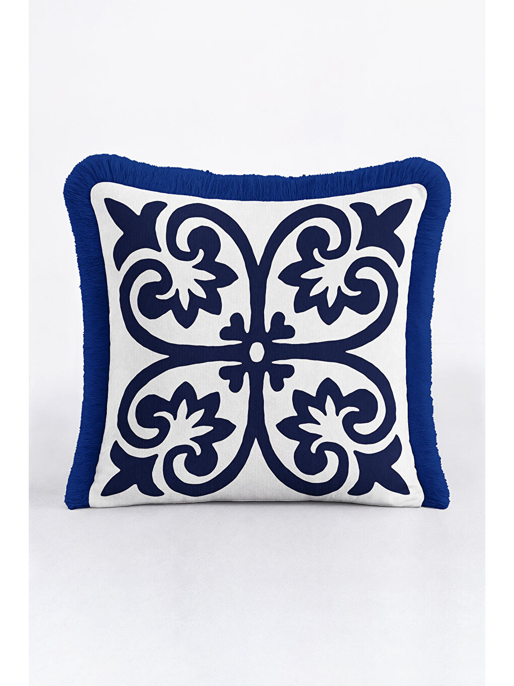 Karışık Barok Motifli Saçaklı Yastık Kılıfı - Akdeniz Klasik Lacivert Beyaz Püsküllü Kırlent Kılıfı-4