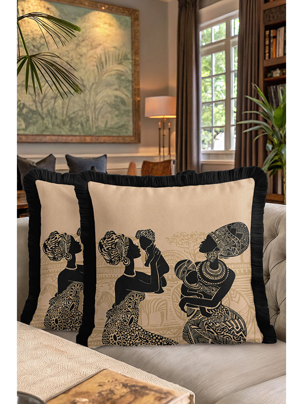 Karışık Afrika Sanatı Figürlü Saçaklı Yastık Kılıfı - Etnik Bohem Siyah Bej Püsküllü Kırlent Kılıfı-7