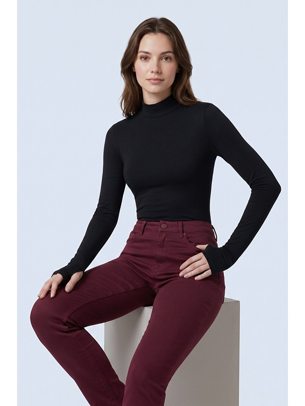 Siyah Yarım Balıkçı Yaka Parmak Geçmeli Uzun Kollu Body/bluz-5