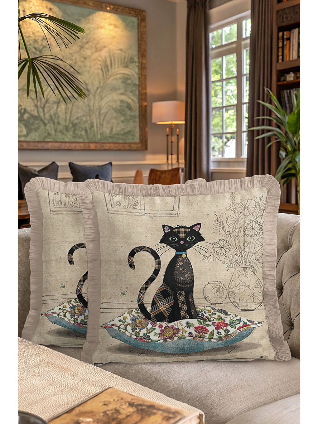 Karışık Vintage Patchwork Kedi Saçaklı Yastık Kılıfı - Çizgisel Çiçek Rustik Bej Püsküllü Kırlent Kılıfı-7