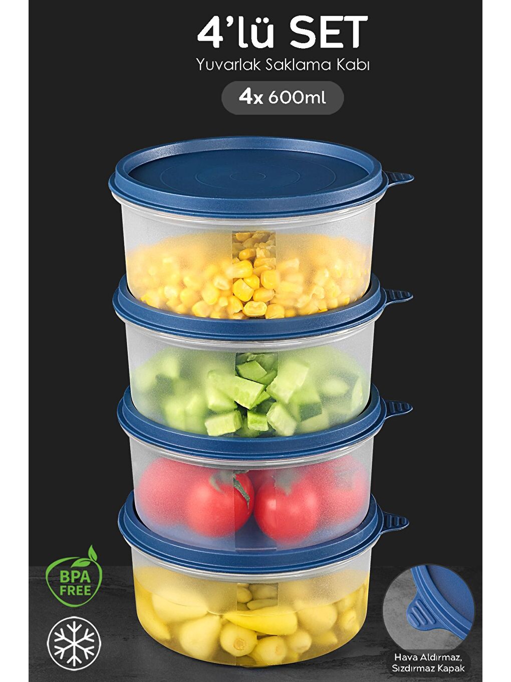 4'lü Yuvarlak Gıda Saklama Kabı Seti 4x600 ml Lacivert
