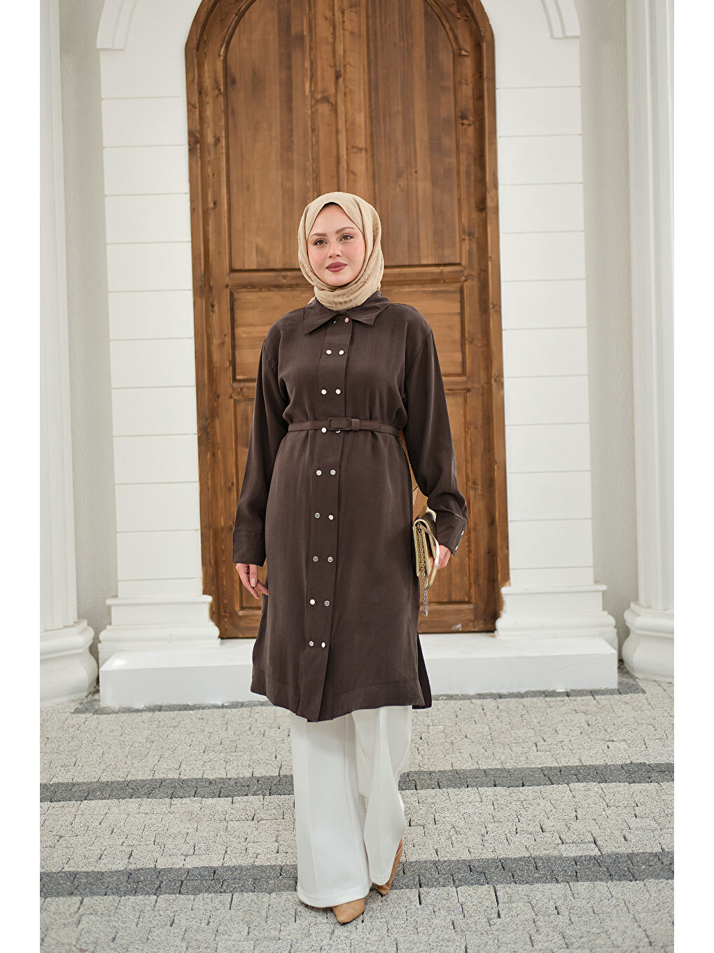 Kadın Gömlek Yaka Çift Düğmeli Uzun Tunik Kahverengi-3