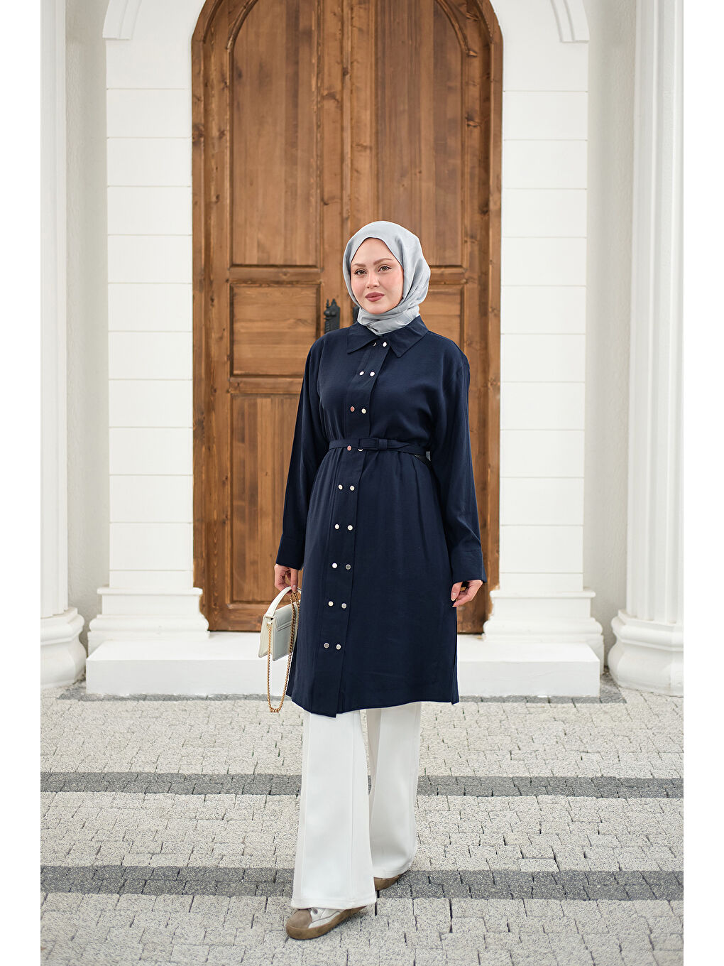 Kadın Gömlek Yaka Çift Düğmeli Uzun Tunik Lacivert-3