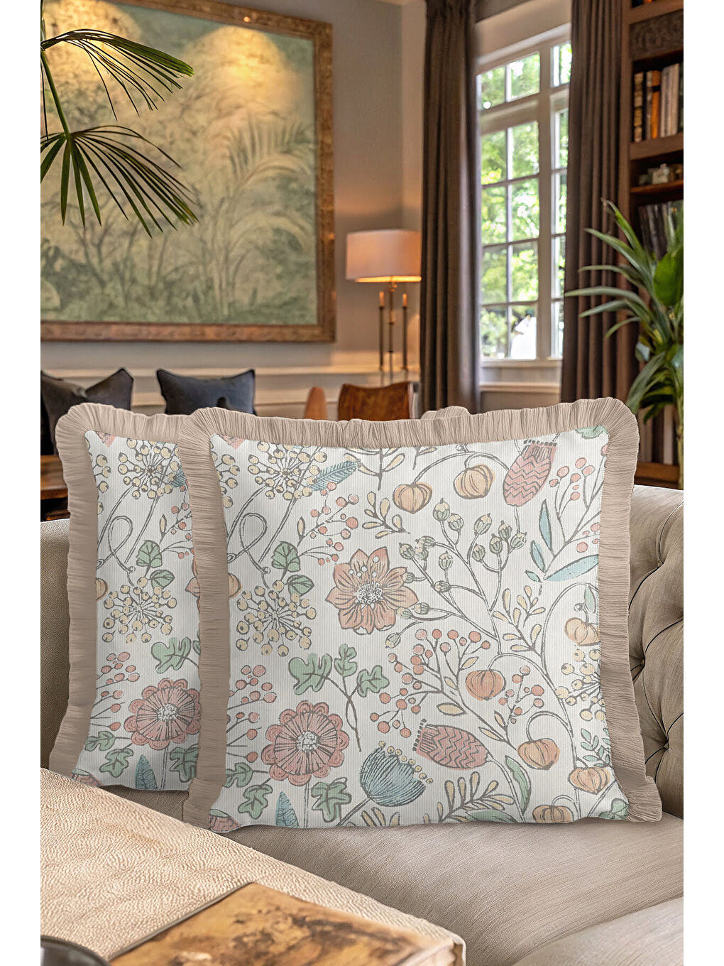 Karışık Zarif Vintage Çiçekli Saçaklı Yastık Kılıfı - Pastel Country Bej Püsküllü Kırlent Kılıfı-7