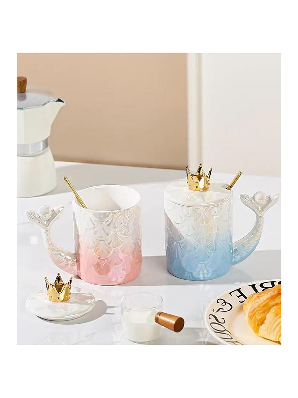 Karışık Deniz Kızı Taç Desenli Seramik Kupa-1