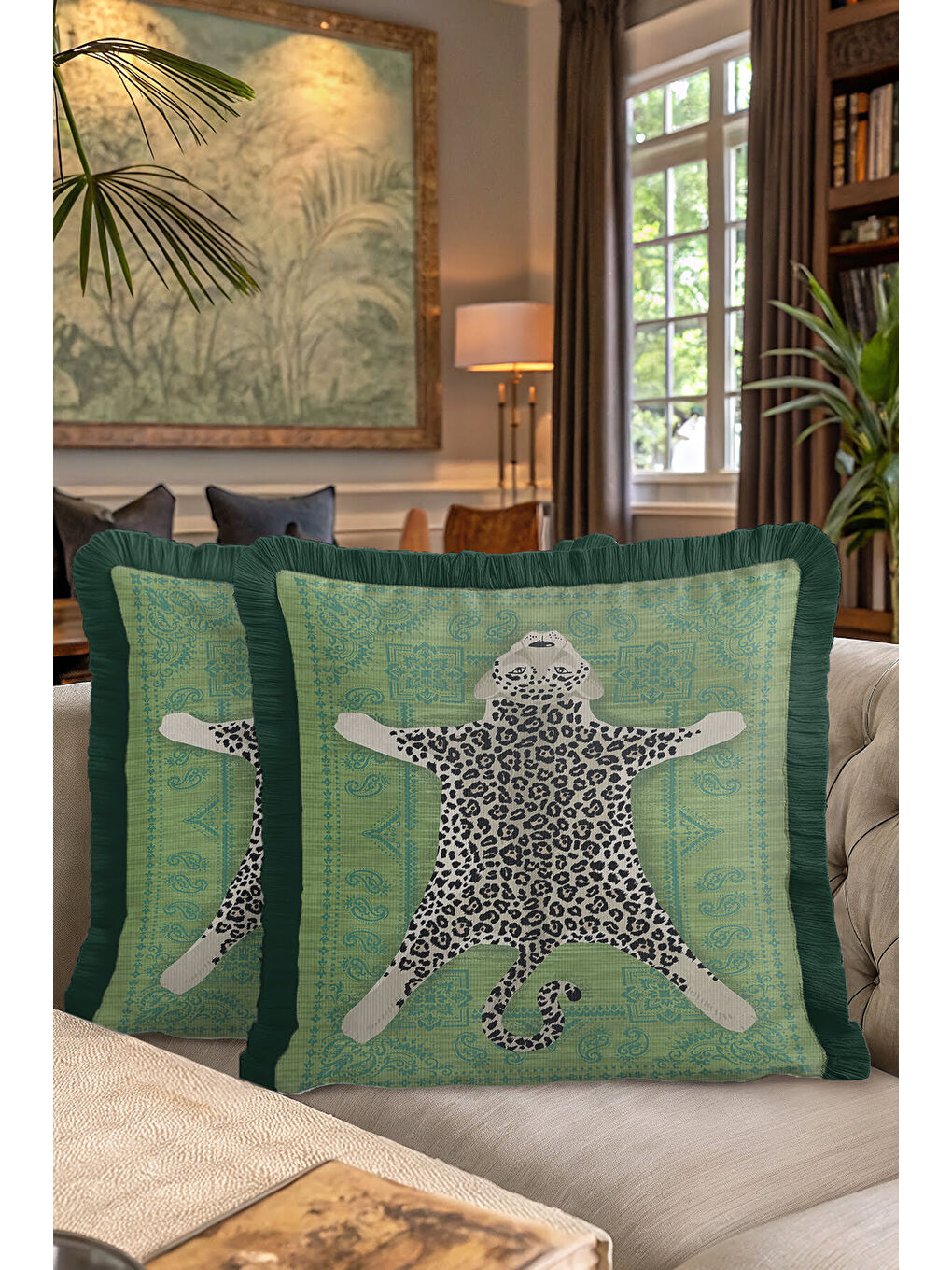 Karışık Lüks Leopar Figürlü Saçaklı Yastık Kılıfı - Bohem Yeşil Retro Mint Püsküllü Kırlent Kılıfı-7