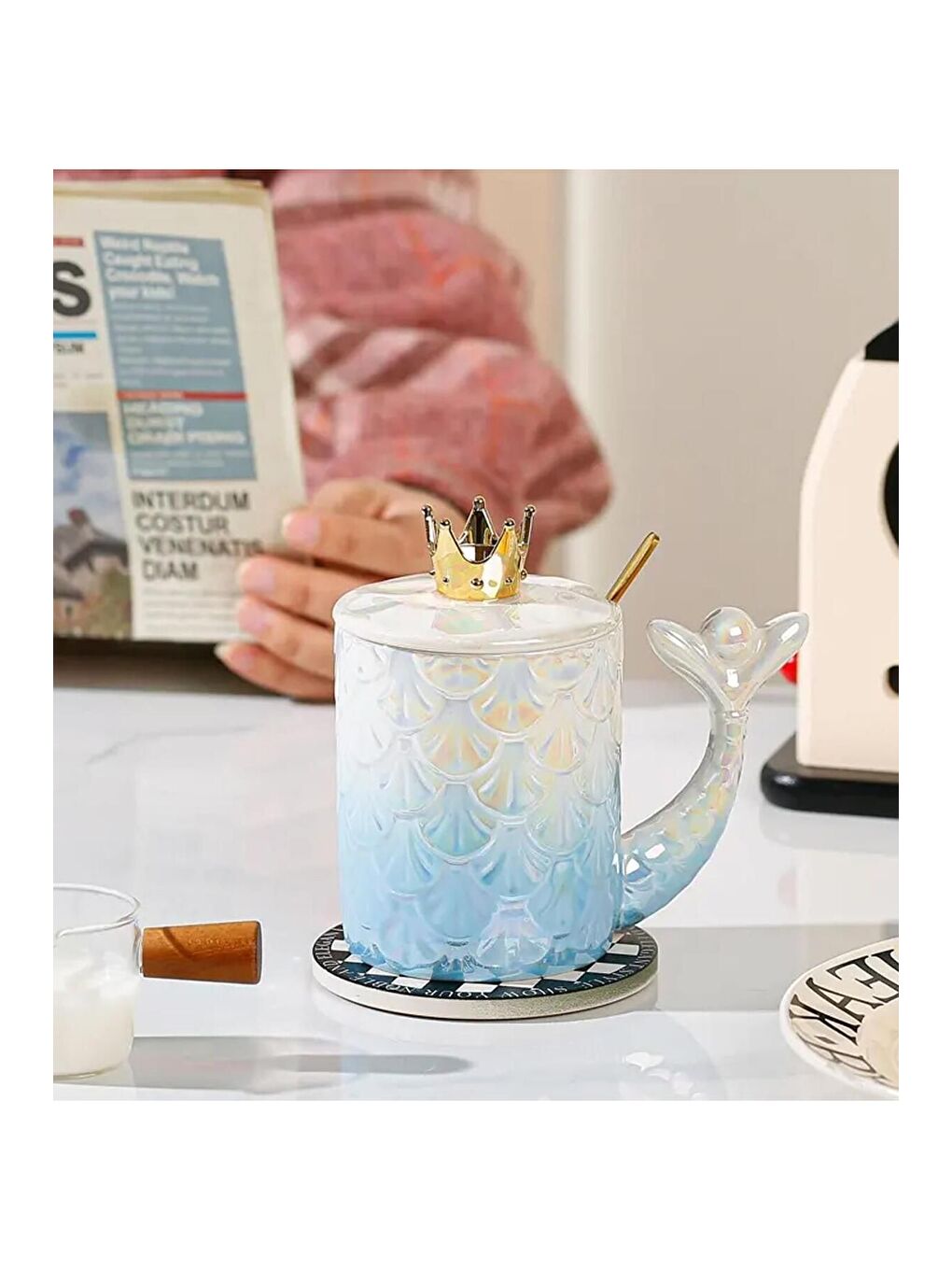 Karışık Deniz Kızı Taç Desenli Seramik Kupa-2