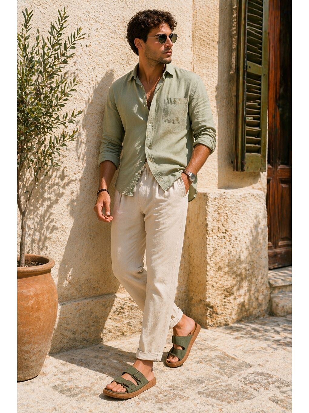 Haki AUGUSTA Ayarlanabilir Çift Tokalı Günlük Erkek Terlik-7