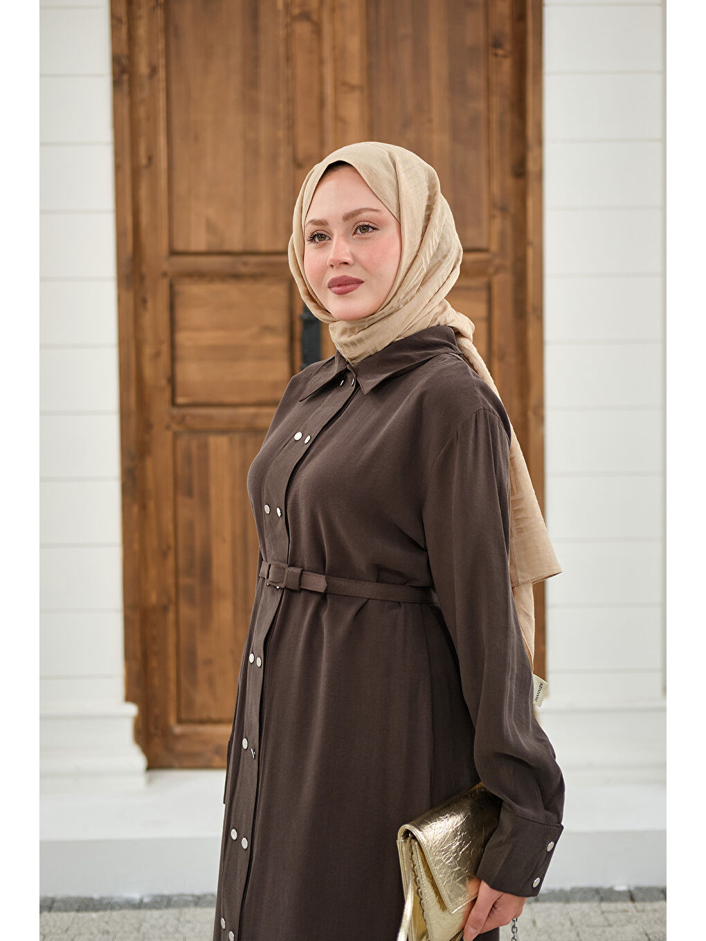 Kadın Gömlek Yaka Çift Düğmeli Uzun Tunik Kahverengi-4